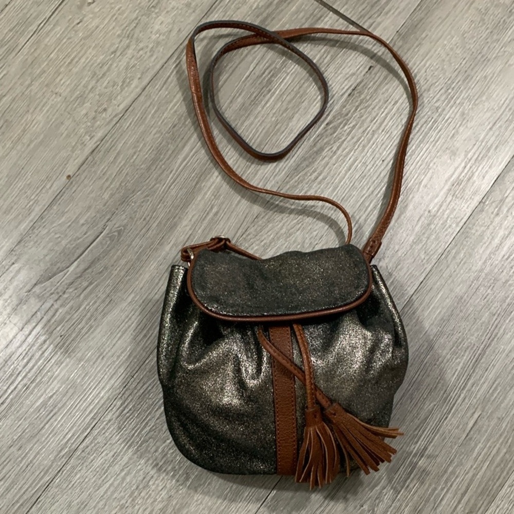 TANO Bronze Gray Metallic Leather Crossbody Tassel Detail Drawstring Handbag‎